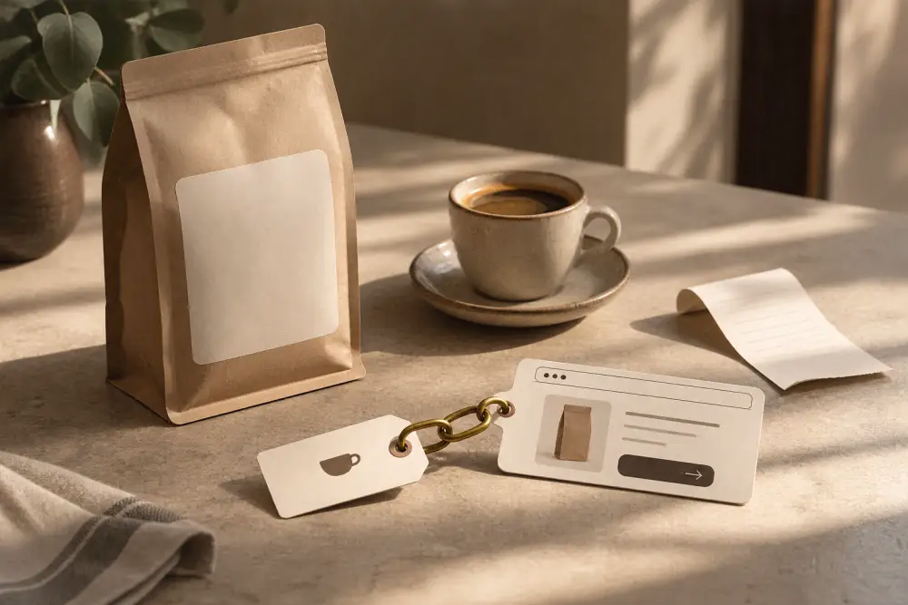 Coffee bag, cup, receipt and linked web-page cards