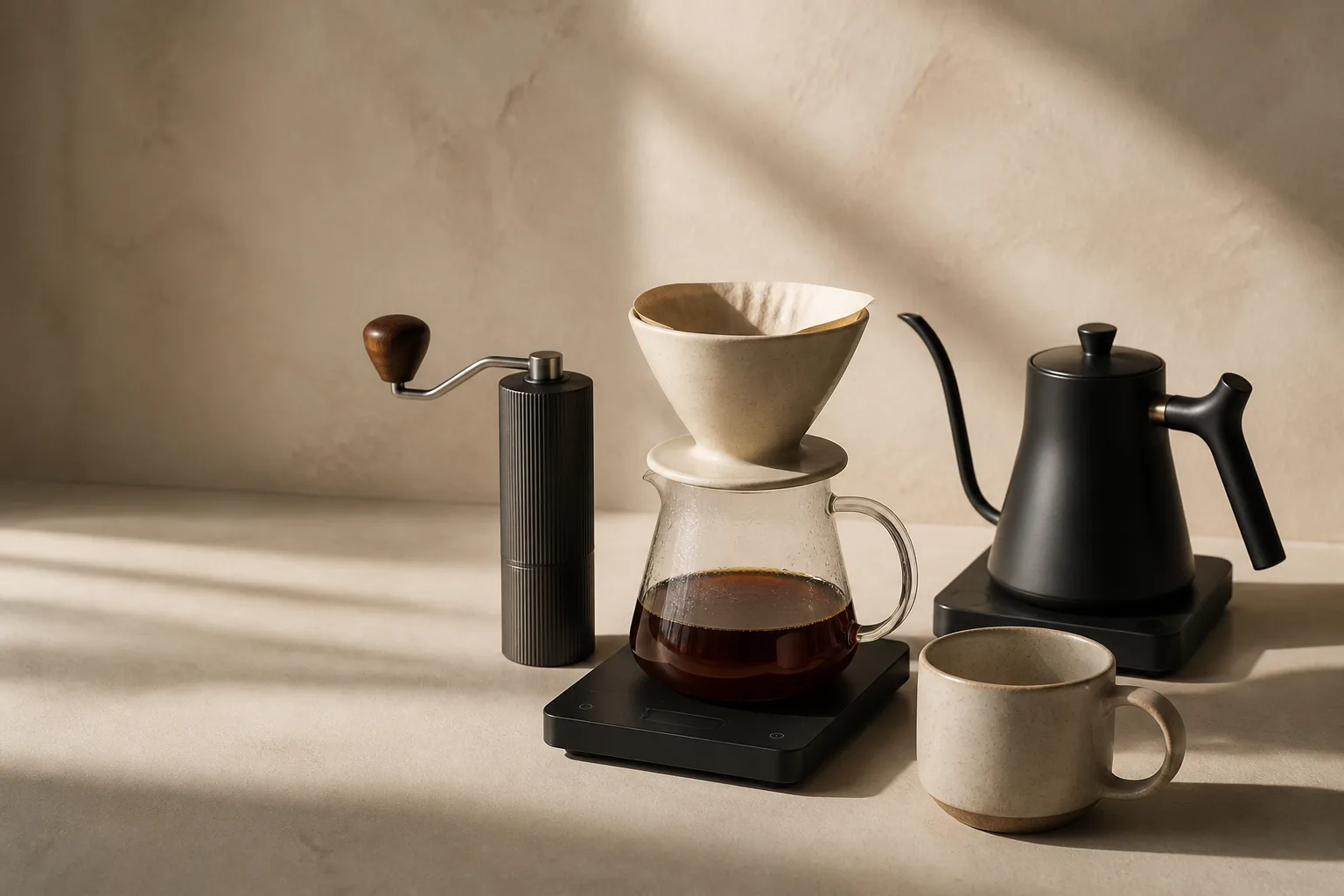 Pour-over dripper, hand grinder, scale, gooseneck kettle and cup