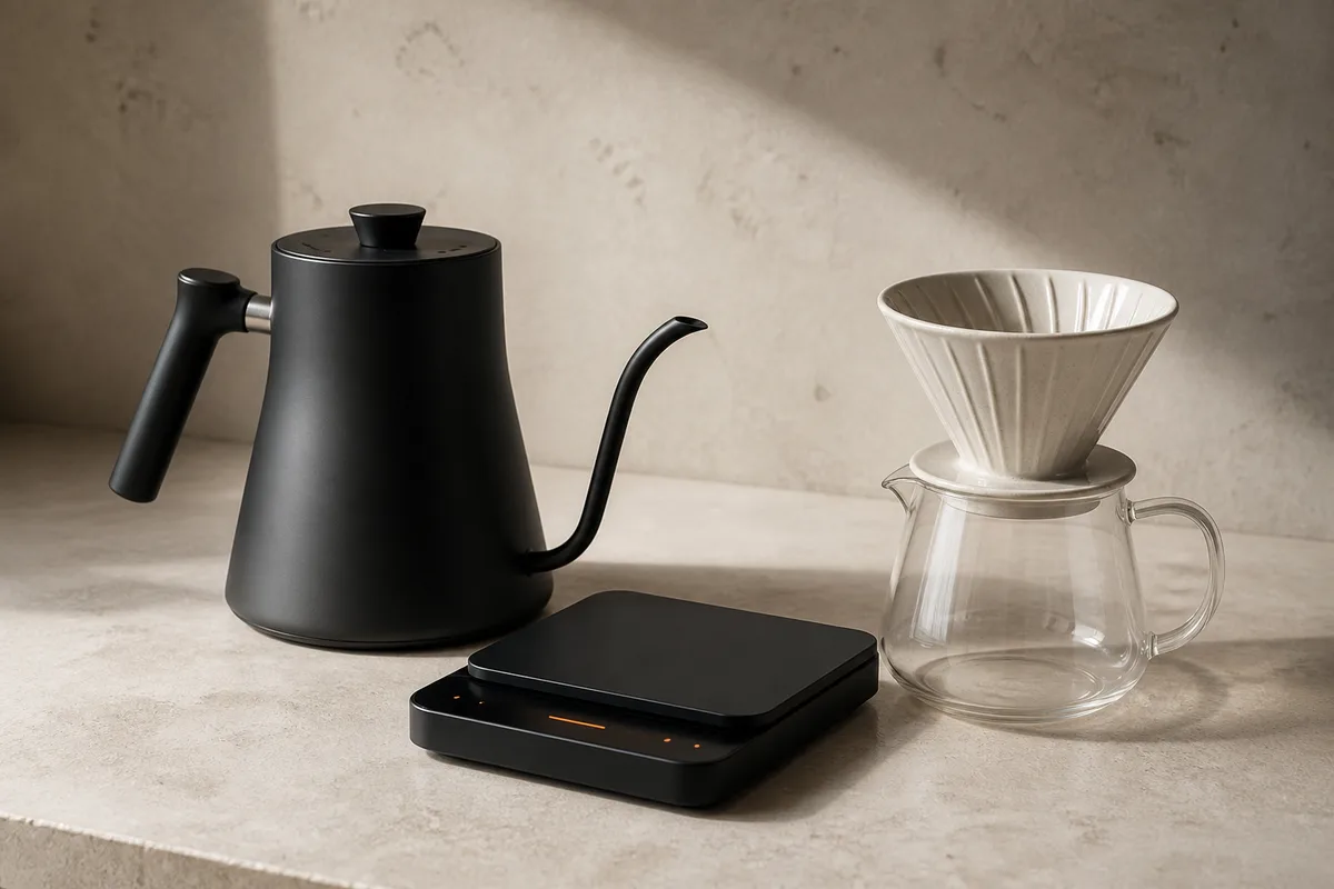 Gooseneck kettle, coffee scale and pour-over dripper