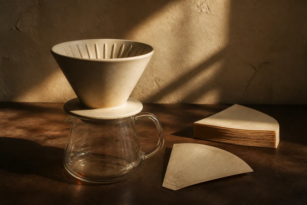 Pour-over dripper, server and cone-shaped paper filters
