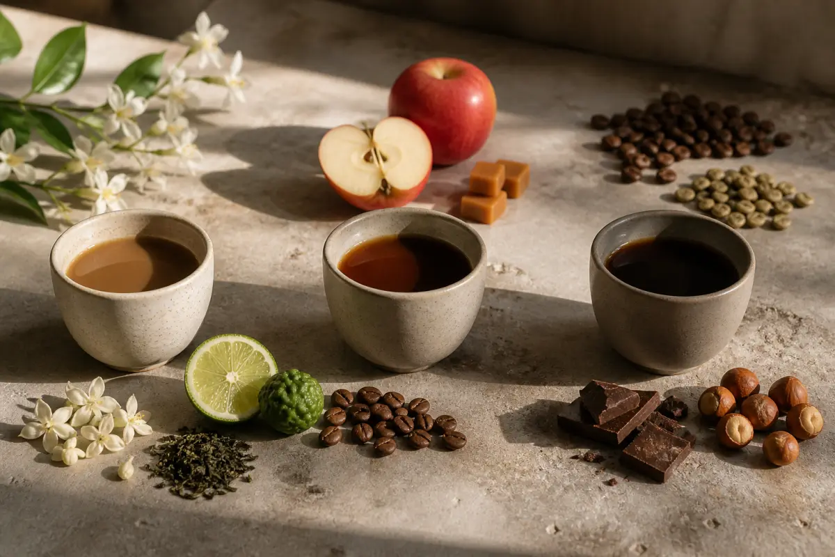 Three cups of coffee with floral, fruit, caramel, citrus, chocolate and nut flavour cues