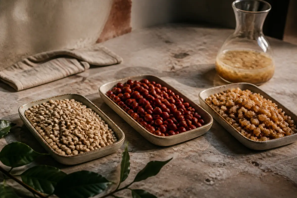 Three trays showing washed, natural and honey coffee processing